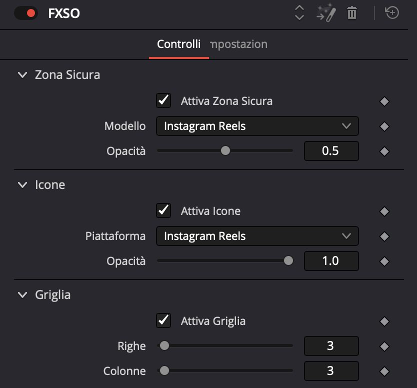 Pannello controlli effetto FX Social Overlay in DaVinci Resolve con Zona Sicura, Icone e Griglia