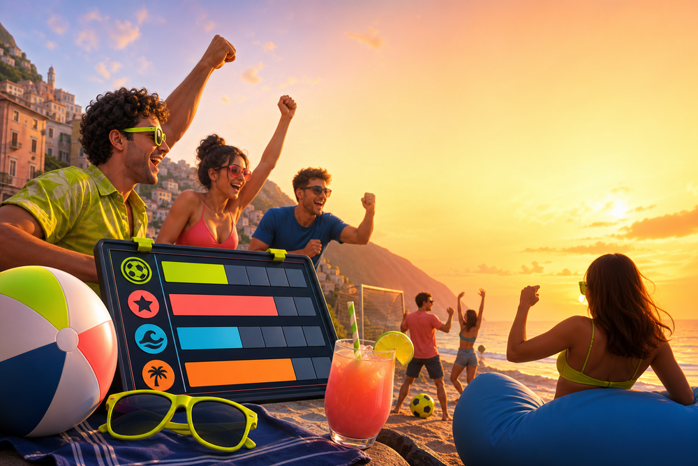 FantaDegrado: amici in vacanza che giocano a un fantacalcio estivo sulla spiaggia