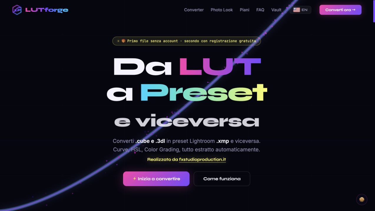 LUTforge Converter: schermata iniziale per convertire LUT e preset Lightroom