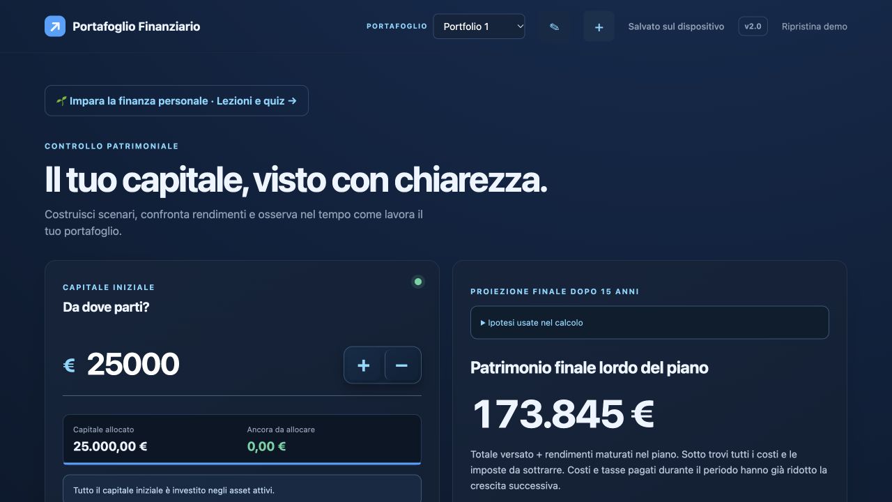 Portafoglio Finanziario: schermata del simulatore con capitale iniziale e proiezione del patrimonio