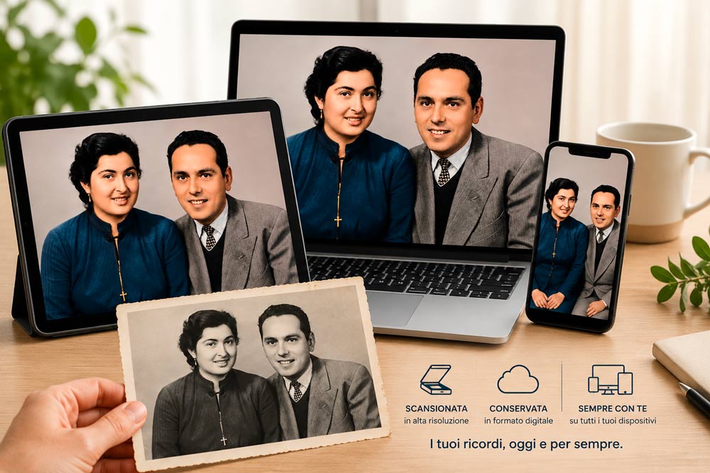 Foto di famiglia scansionata in digitale, visibile su tablet, laptop e smartphone - FX Studio San Miniato